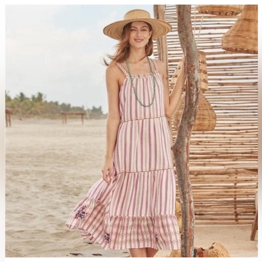 Sundance boho tiered sleeveless summer sundress with embroidered hem med